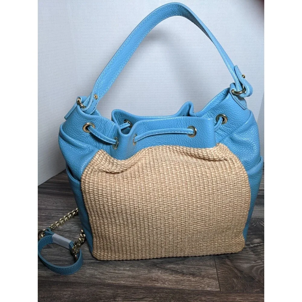 Unica Firenze Italian Leather Straw Handbag Light Blue NWT - Picture 3 of 12